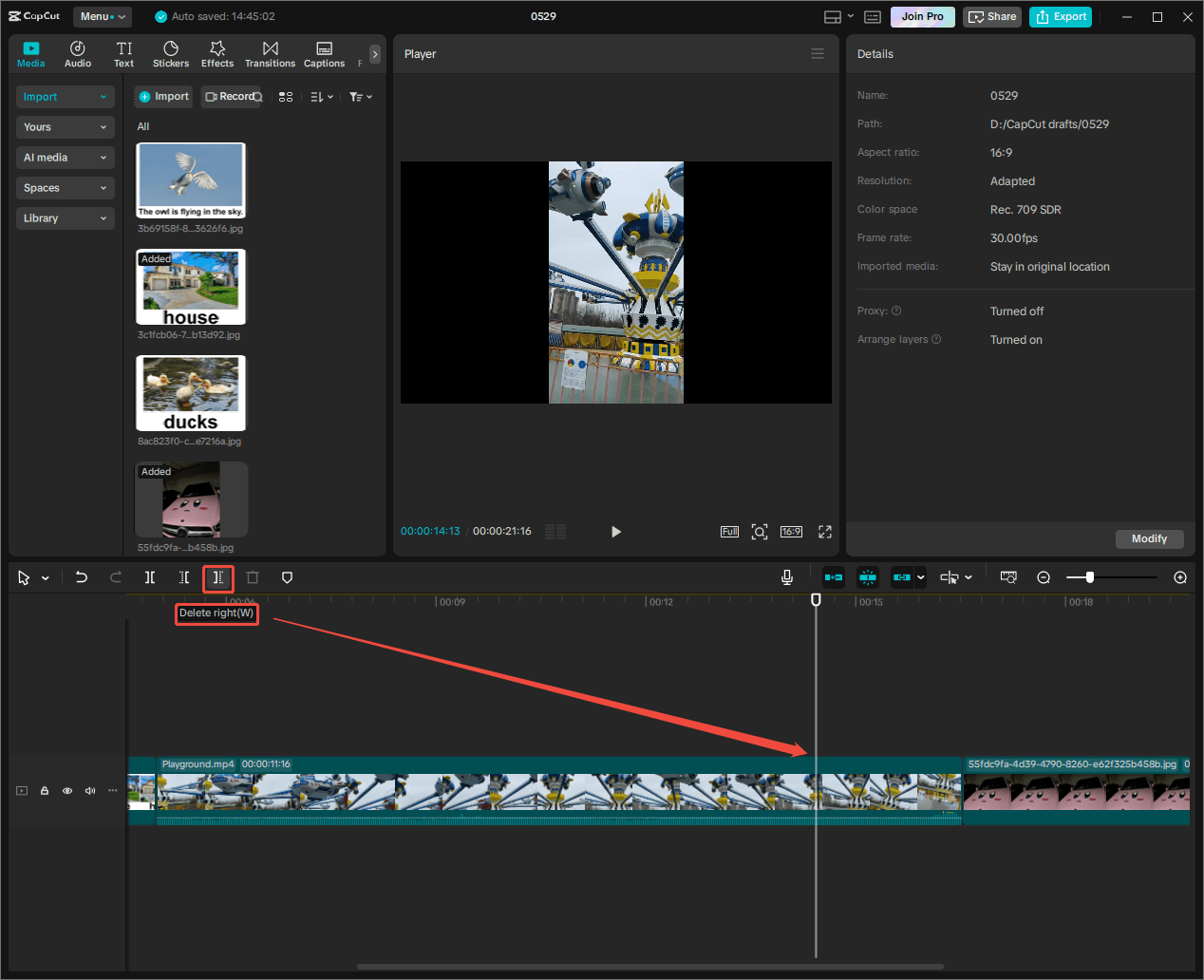 CapCut interface showing how to delete the right section of the playhead from a clip on the timeline.