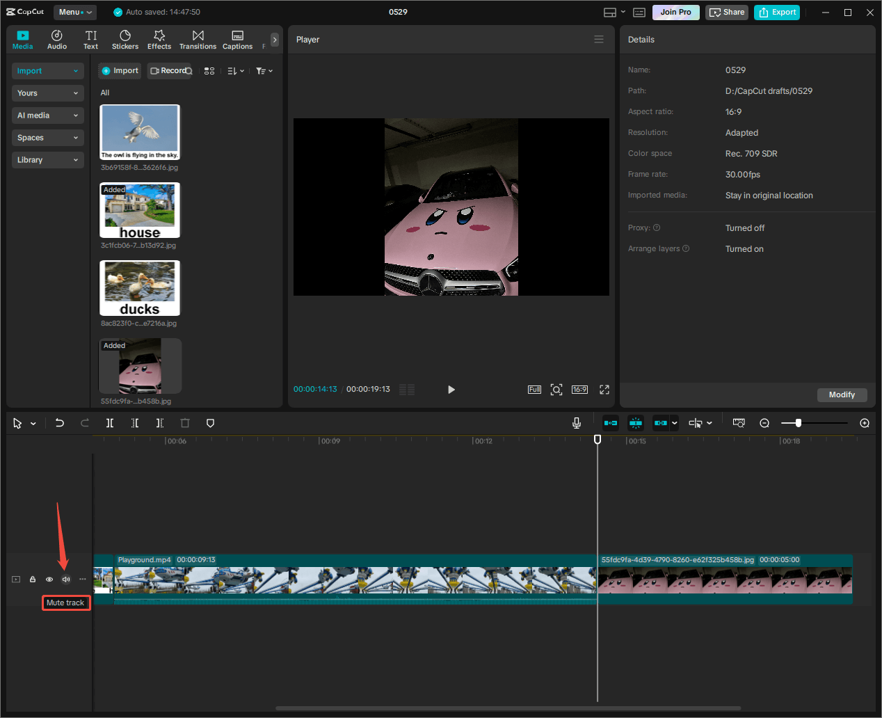 CapCut interface with an arrow pointing to the Mute track option in front of the main track.