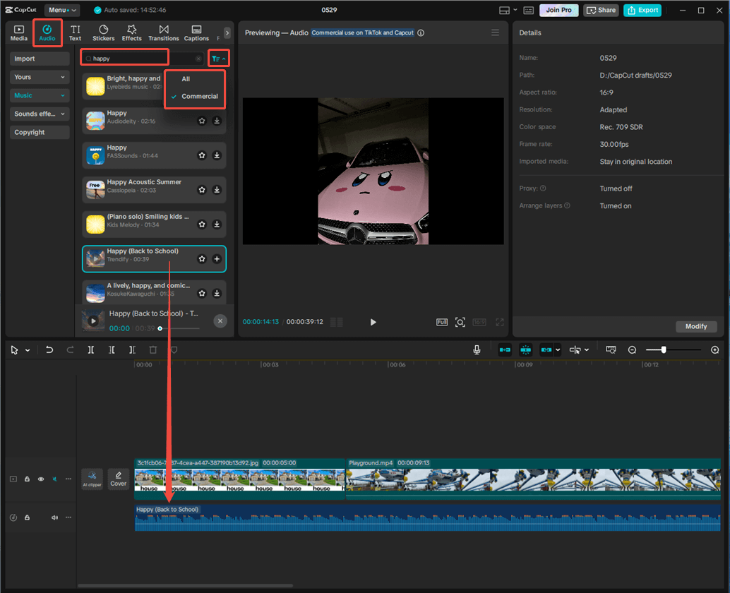 CapCut interface showing how to add a commercial audio related to happy to a video to serve as background music.