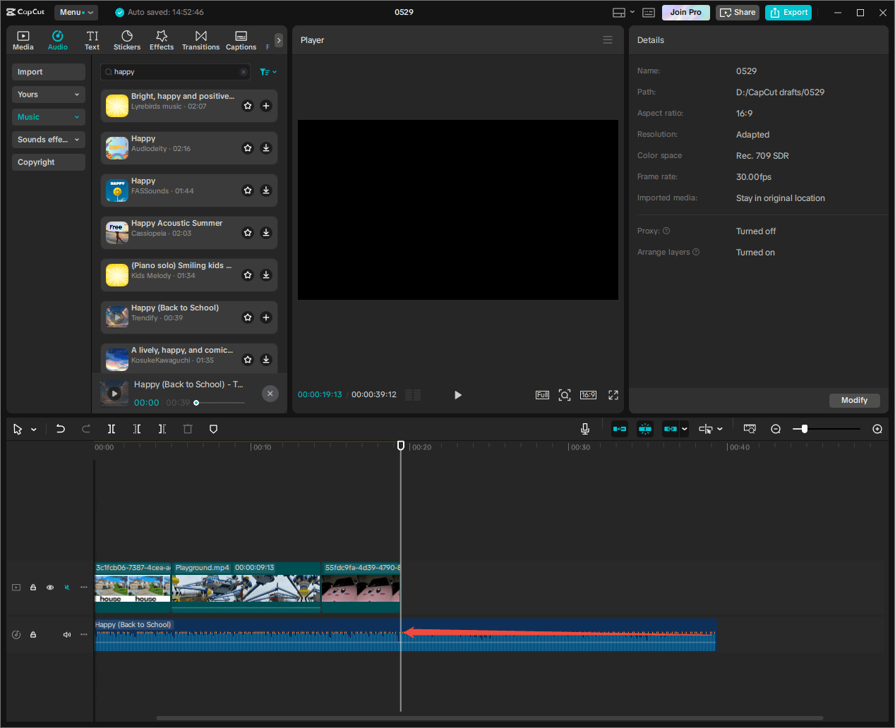 CapCut interface showing how to trim the length of the audio to make it match the video length.