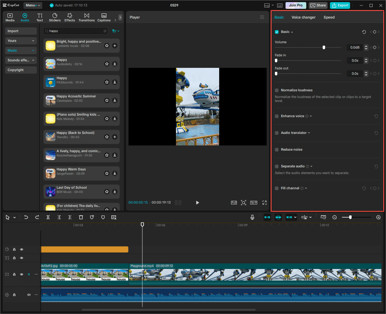 CapCut interface with the audio editing features highlighted in the upper right section.
