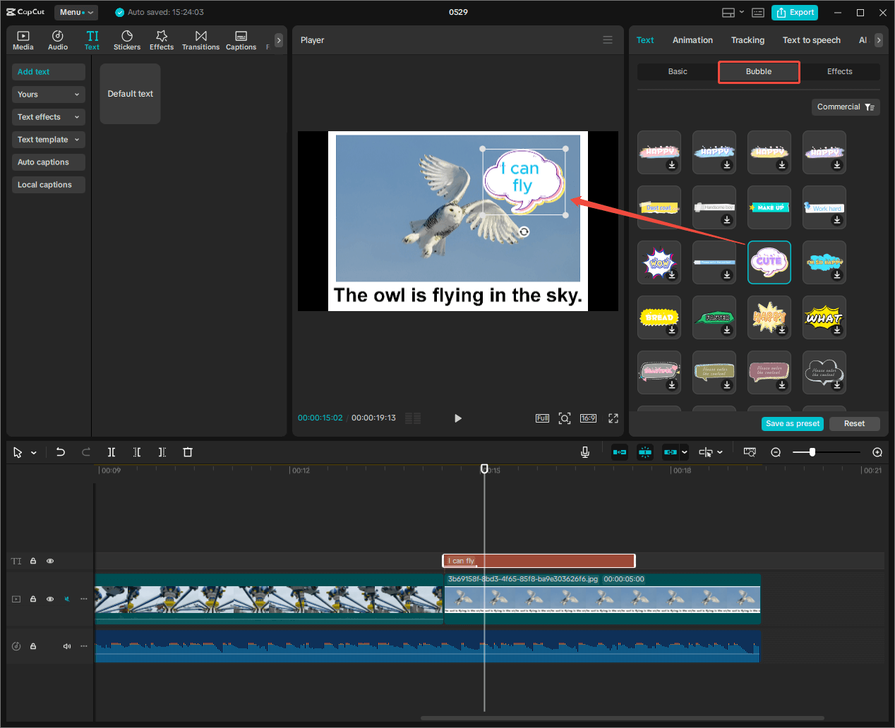 CapCut interface showing how to add bubble effect to the added text.
