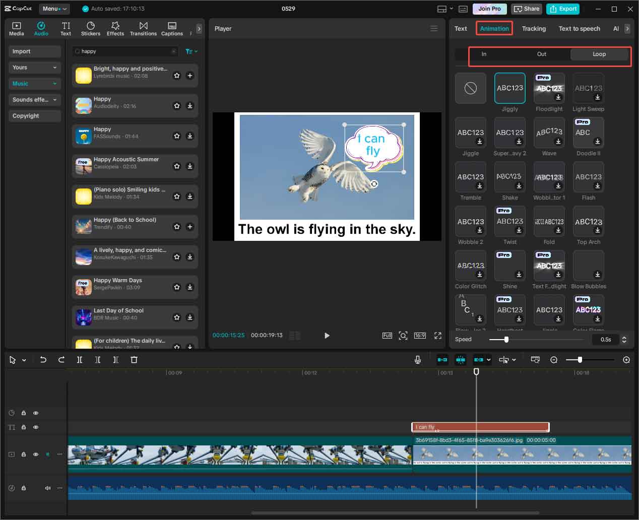 CapCut interface showing the animation options for the added text.