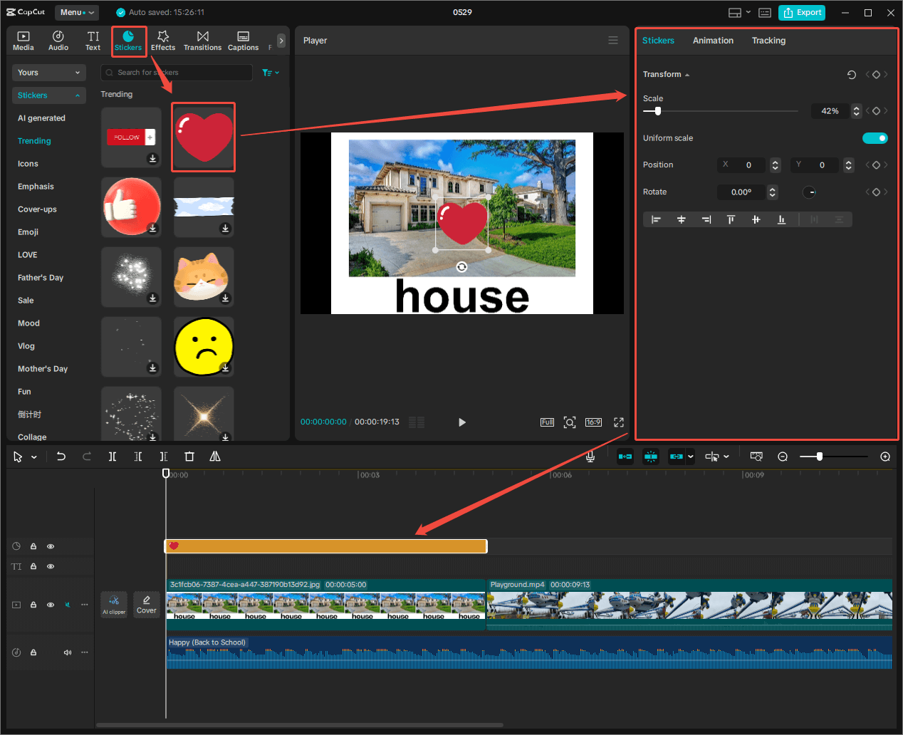 CapCut interface showing how to add a sticker to a video and edit the sticker.