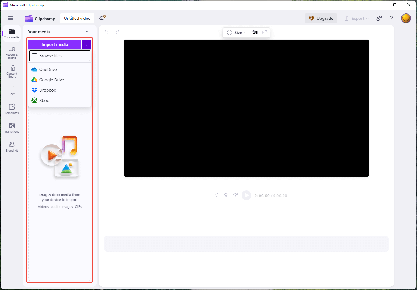 Clipchamp interface with the several ways to import media files highlighted.