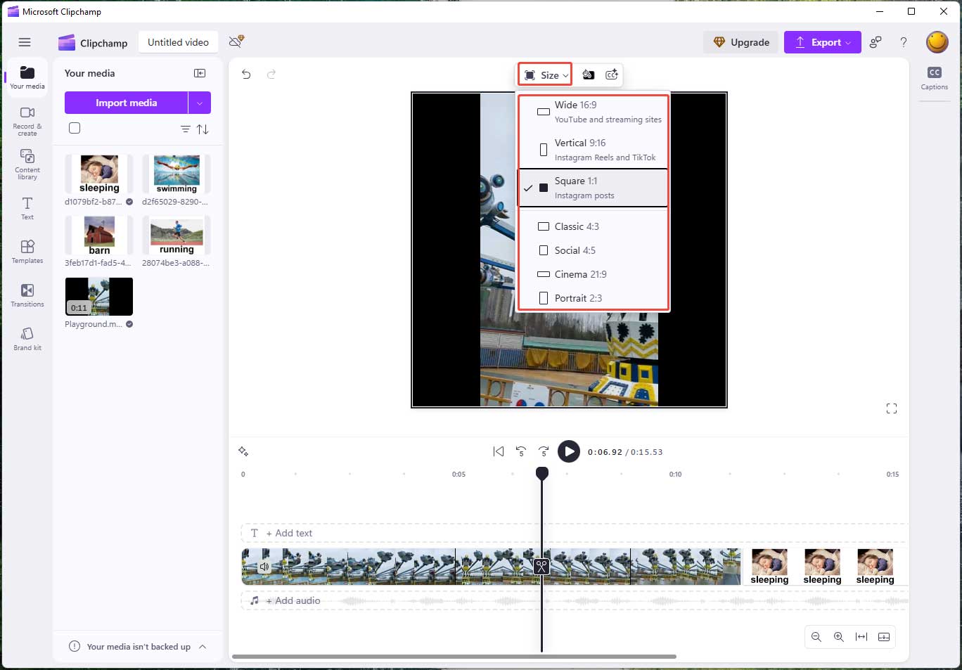 Clipchamp interface with the Size options expanded for setting video aspect ratio.