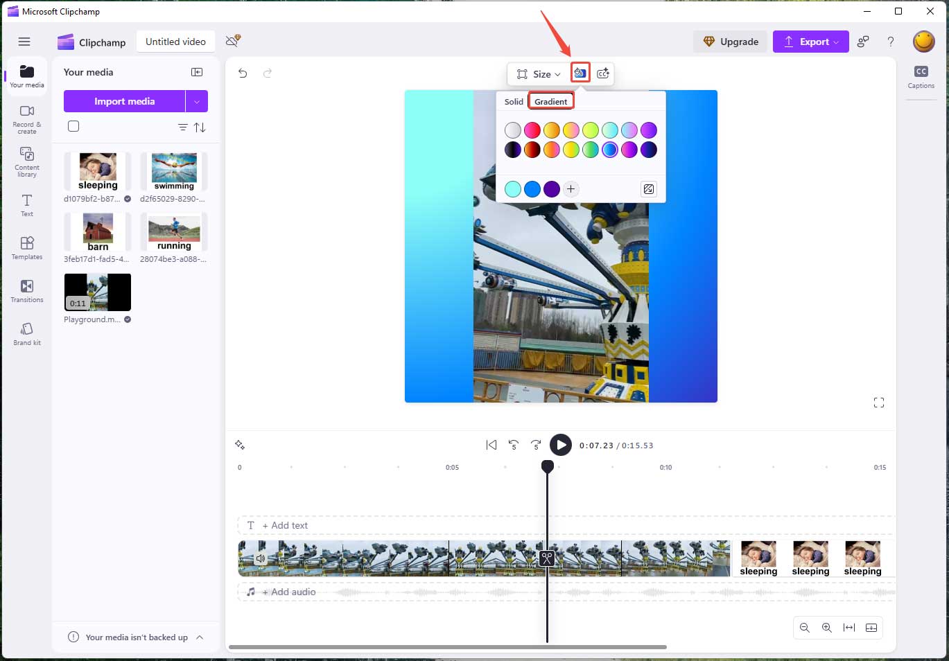 Clipchamp interface showing how to add a background color to a video.
