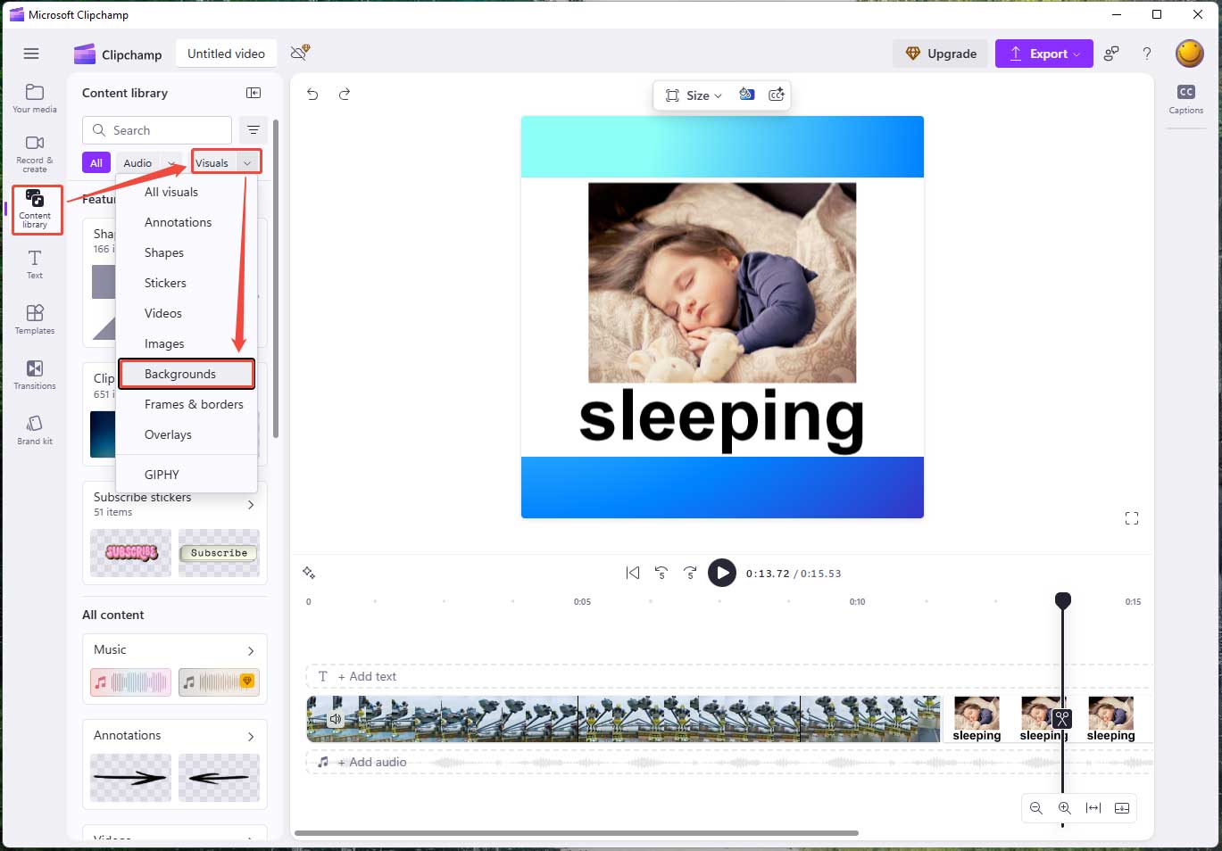 Clipchamp interface showing how to add visual background to a video.