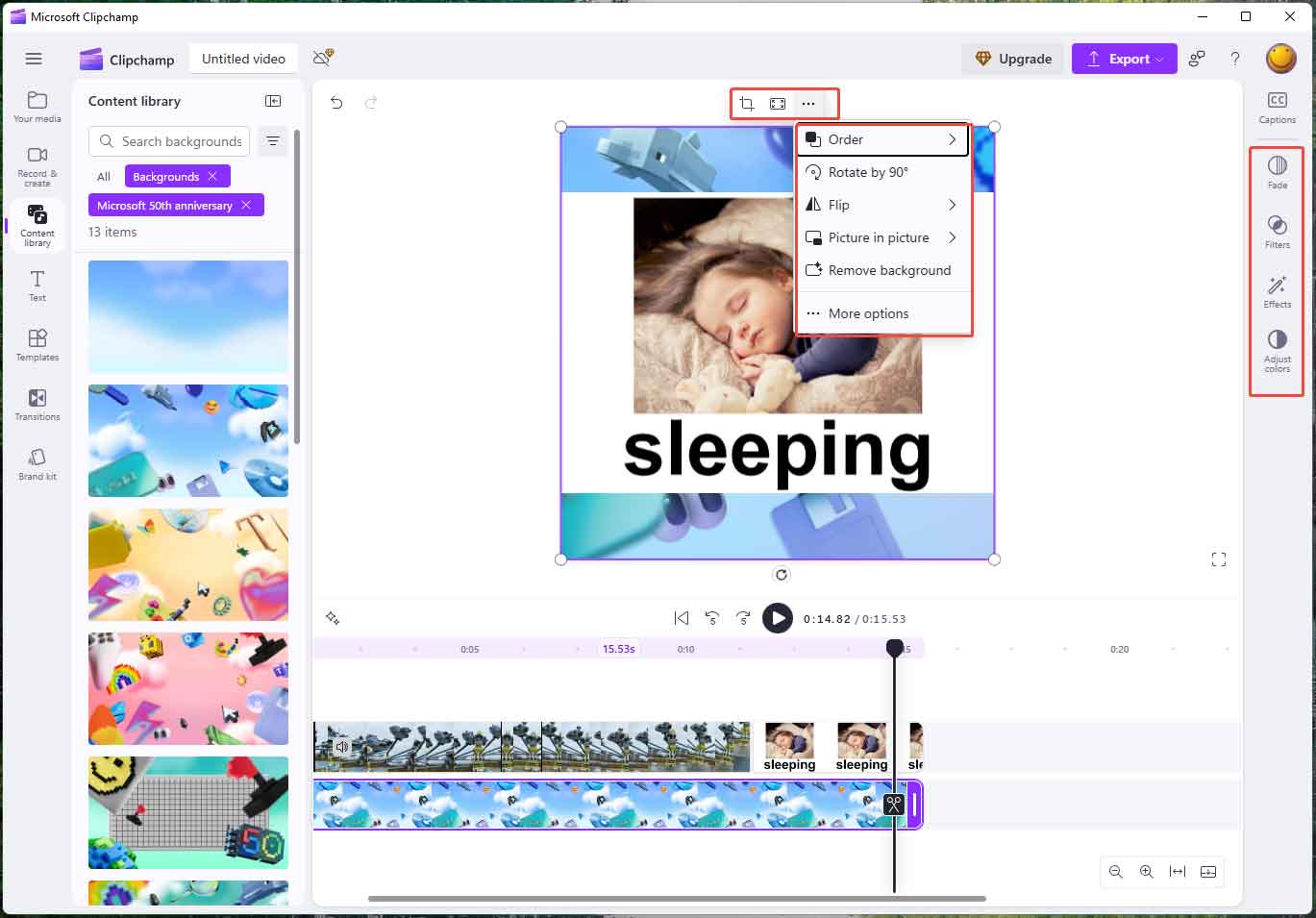Clipchamp interface with the background editing features highlighted.