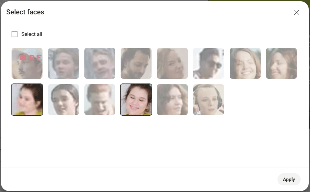 Select faces page in YouTube Studio.