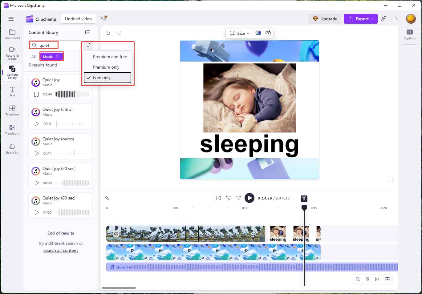 Clipchamp interface showing how to add free quiet music to a video.