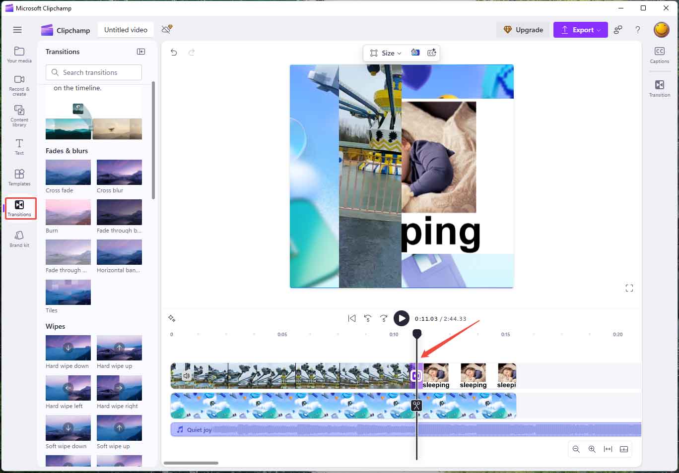 Clipchamp interface showing how to add a transition between two clips.