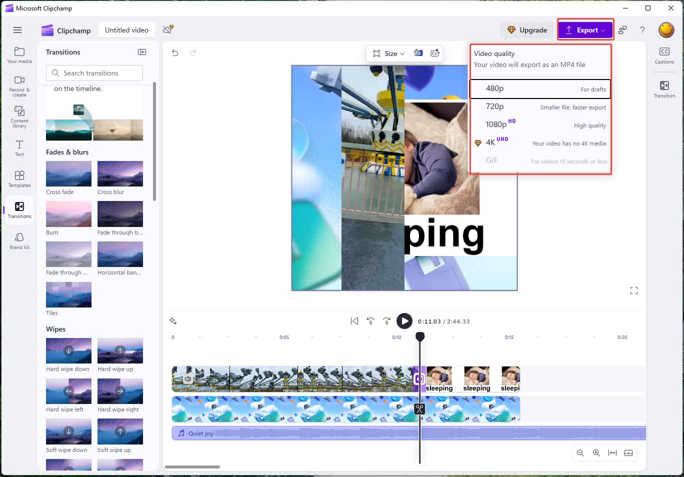 Clipchamp interface with the export resolution options expanded.