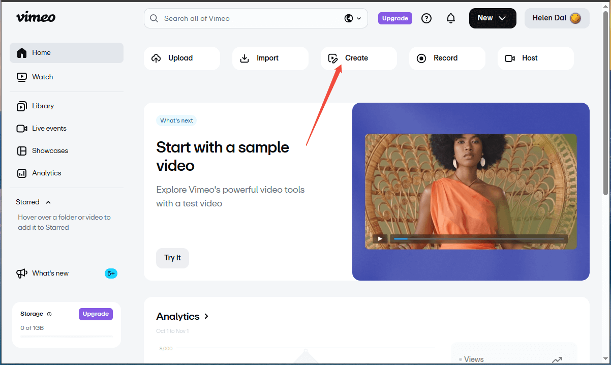 Vimeo Home page with an arrow pointing to the Create option.