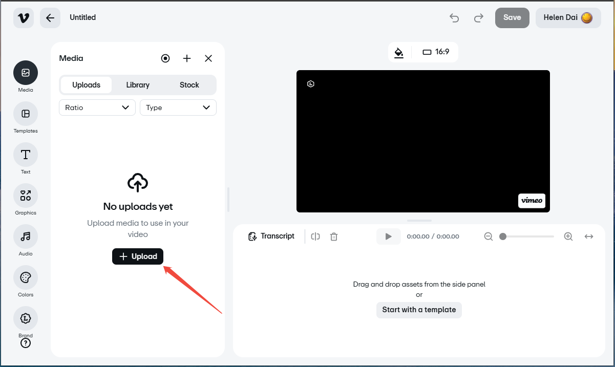 Vimeo interface with an arrow pointing to the Upload button.
