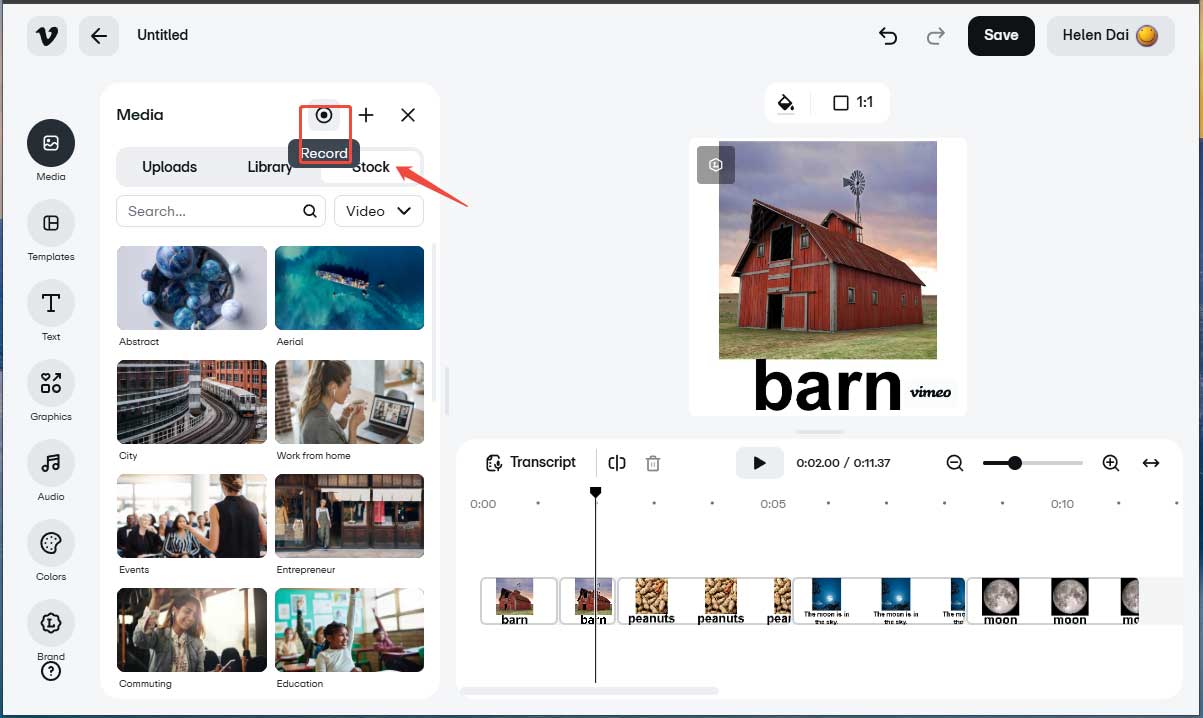 Vimeo interface with the Record icon selected and with an arrow pointing to the Stock option.