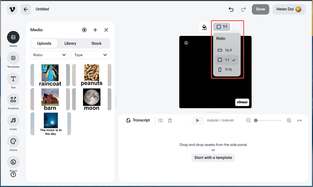 Vimeo interface with the aspect ratio drop-menu highlighted.