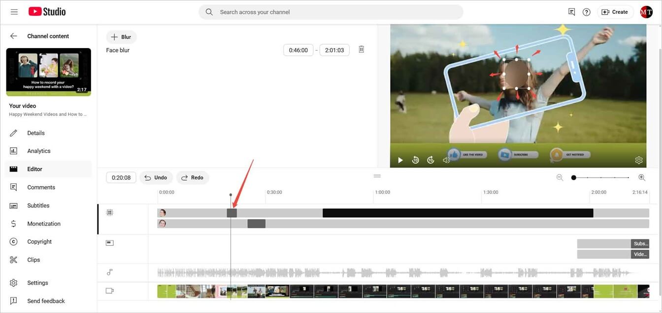 Video editor page in YouTube Studio showing how to adjust the size and duration of the blur shape.