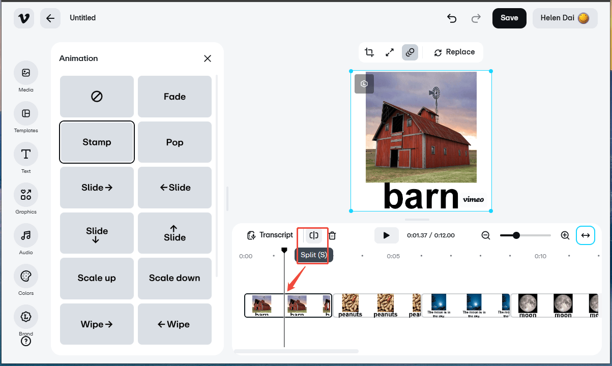 Vimeo interface showing how to split a video.