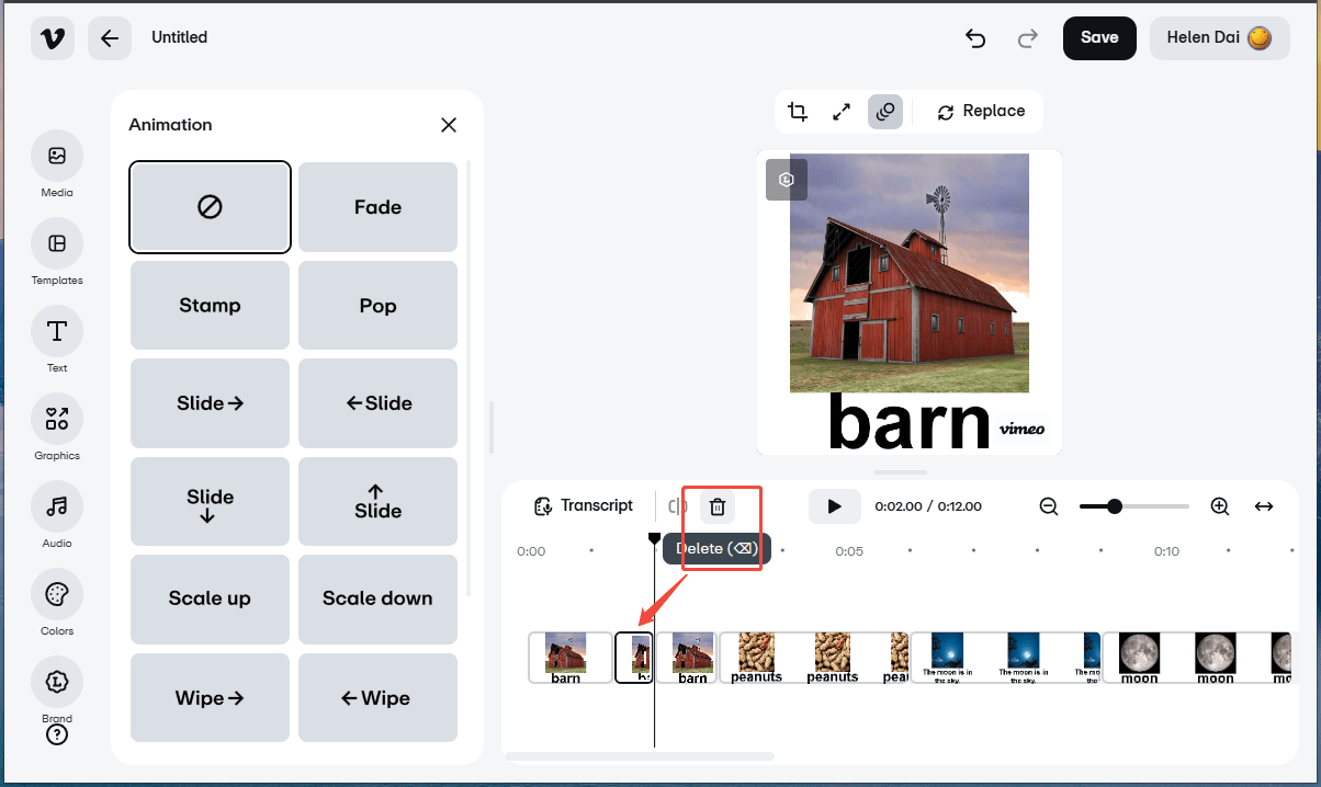 Vimeo interface showing how to delete a clip.