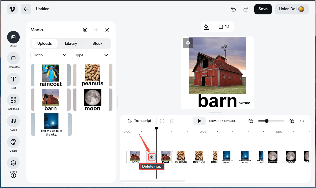 Vimeo interface showing how to delete gap between two clips on the timeline.