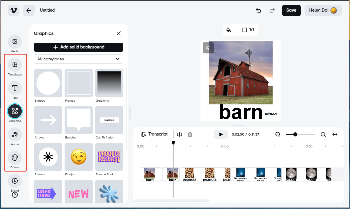 Vimeo interface with the various video editing features highlighted in the left menu.