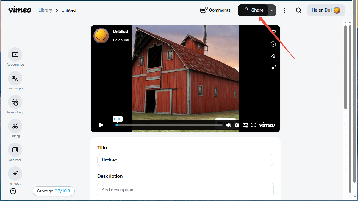 Vimeo interface with an arrow pointing to the Share button at the upper right.