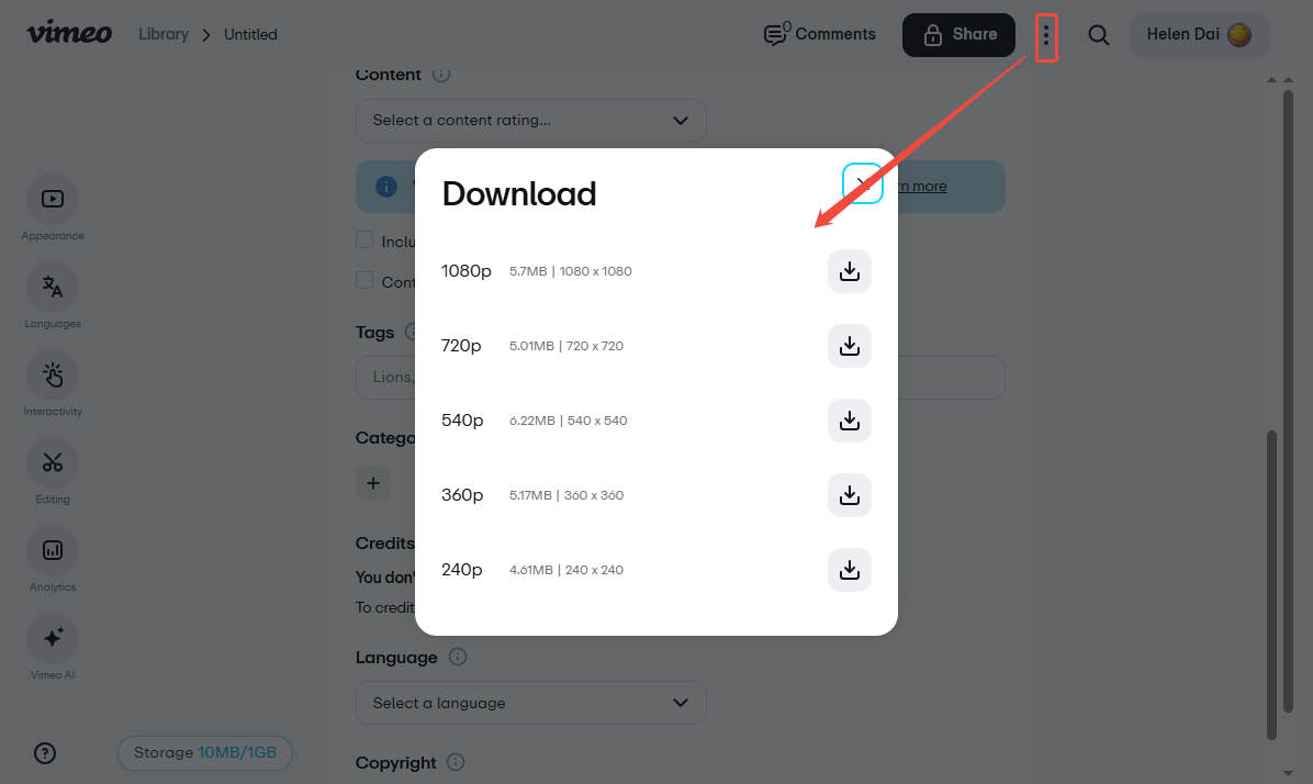 Vimeo interface showing how to trigger the Download popup.
