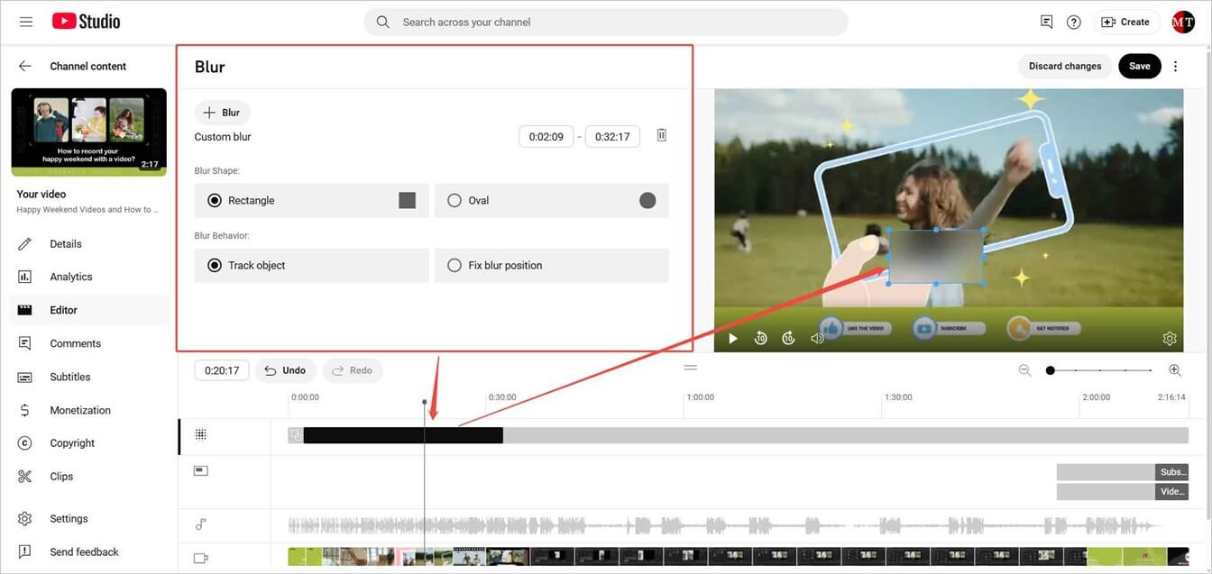 Video editor page in YouTube Studio showing how to conduct custom blur.