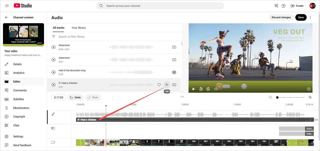 Video editor page in YouTube Studio showing how to add audio to a video.