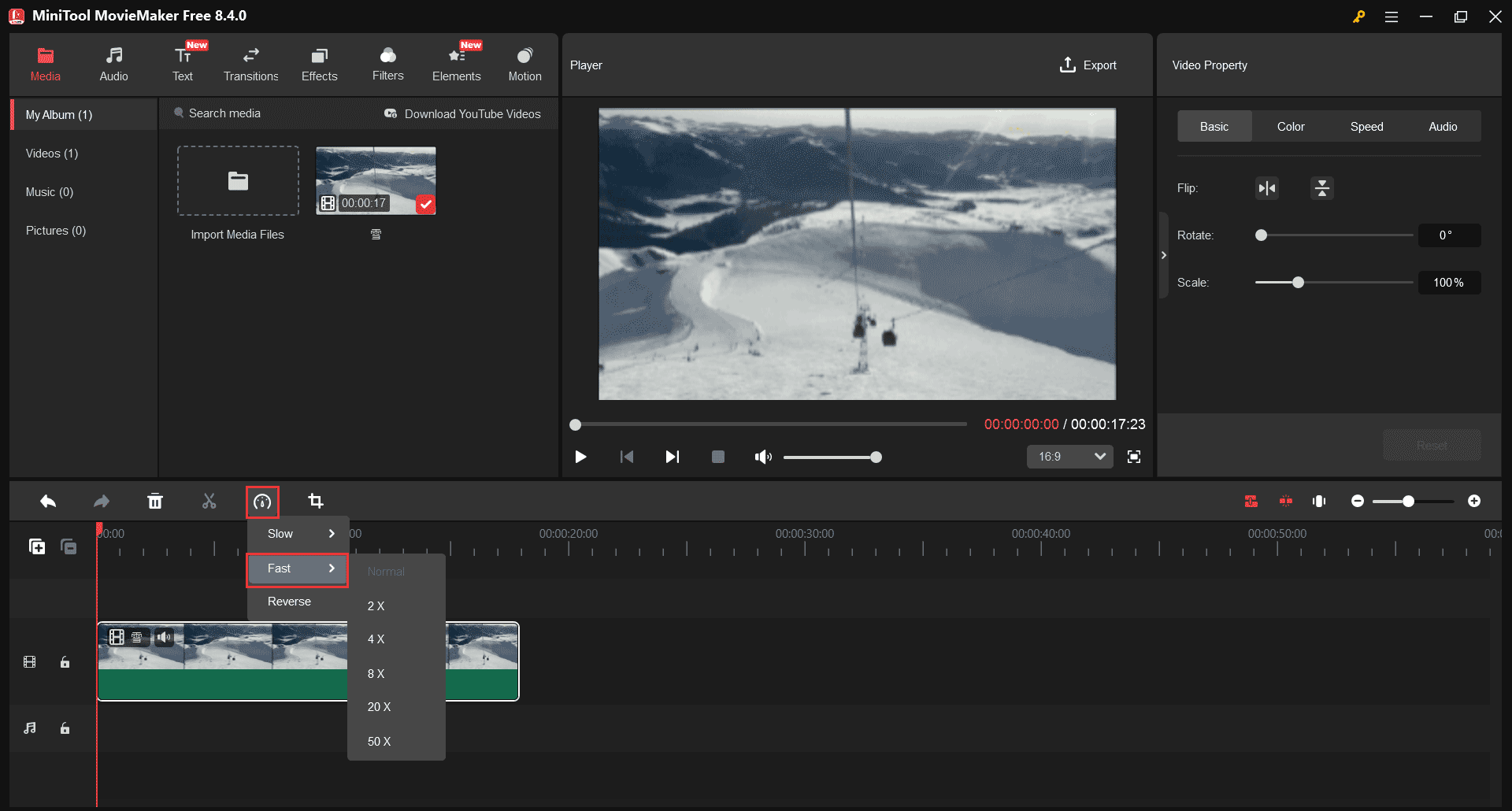 MiniTool MovieMakerで速度アイコンをクリックして「Fast」を選択した状態