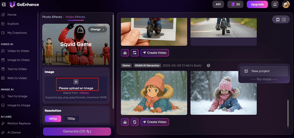 GoEnhance AI interface with the Please upload an image option selected.