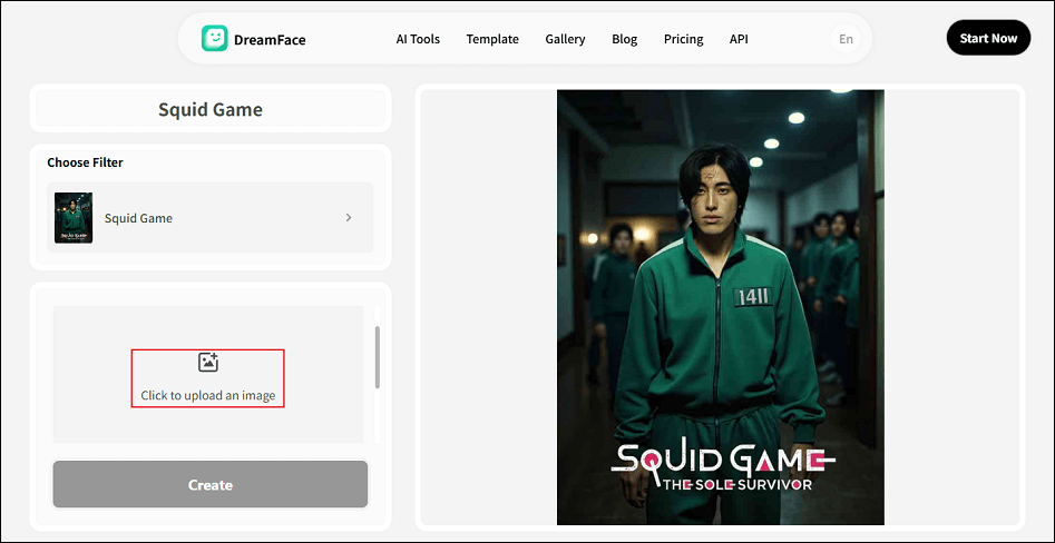 DreamFace interface with the Click to upload an image option selected.