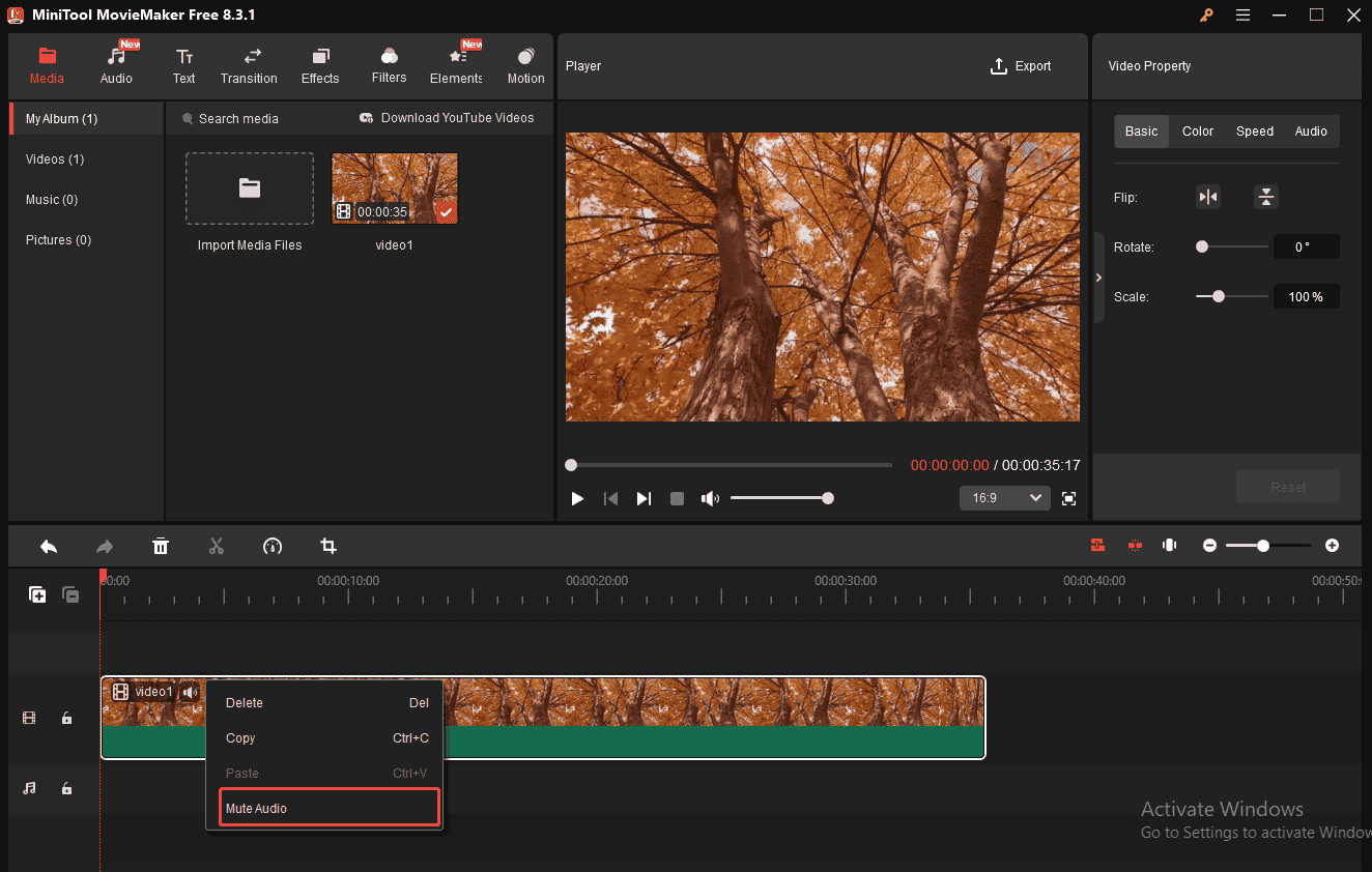 Faites un clic droit sur la vidéo et sélectionnez « Muet audio » pour supprimer le son dans MiniTool MovieMaker.