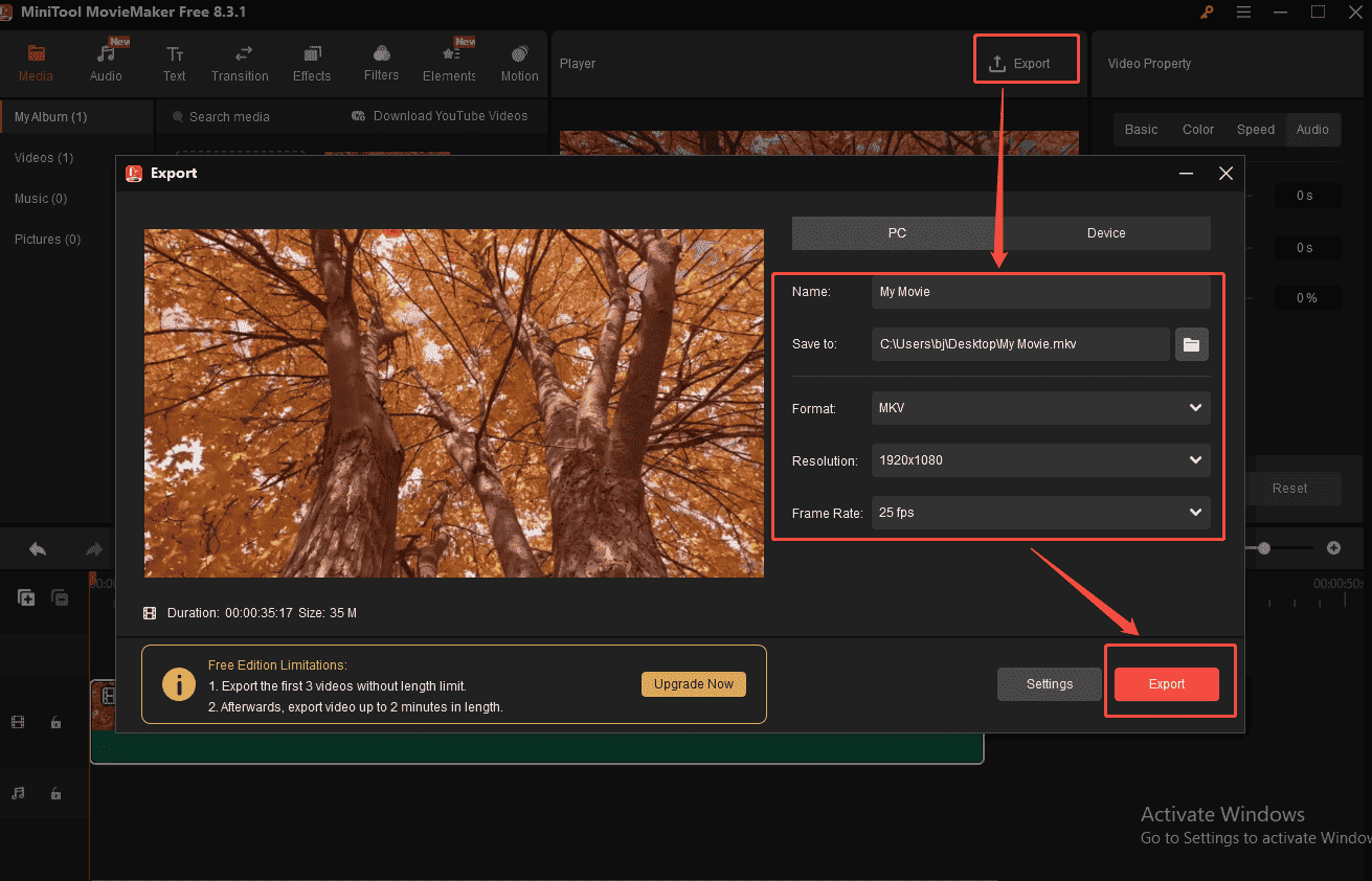 Cliquez sur le bouton Exporter et personnalisez les paramètres pour exporter la vidéo sans le son.