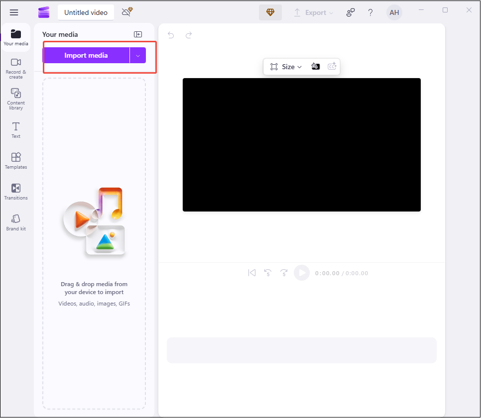 Cliquez sur l'icône Importer un média pour importer votre vidéo dans Clipchamp.