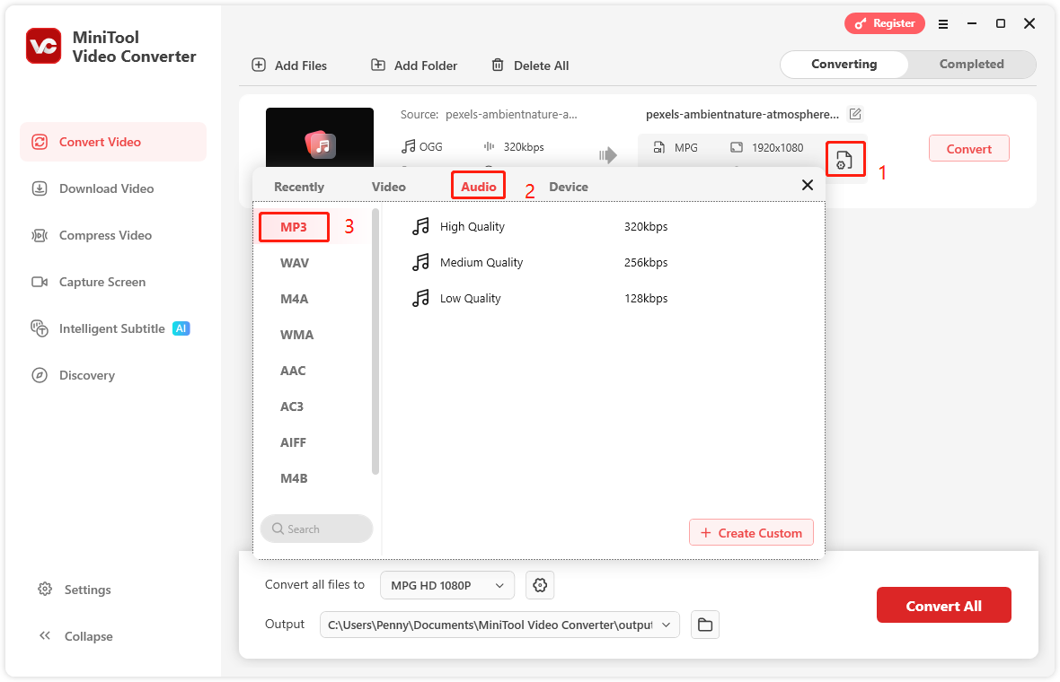 Wählen Sie MP3 als Ausgabeformat, um OGG in MiniTool Video Converter zu konvertieren.
