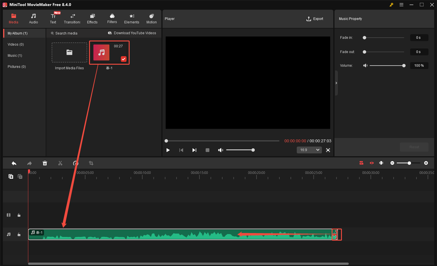 MiniTool MovieMakerでAPEファイルをタイムラインに追加してトリミングを行うスクリーンショット