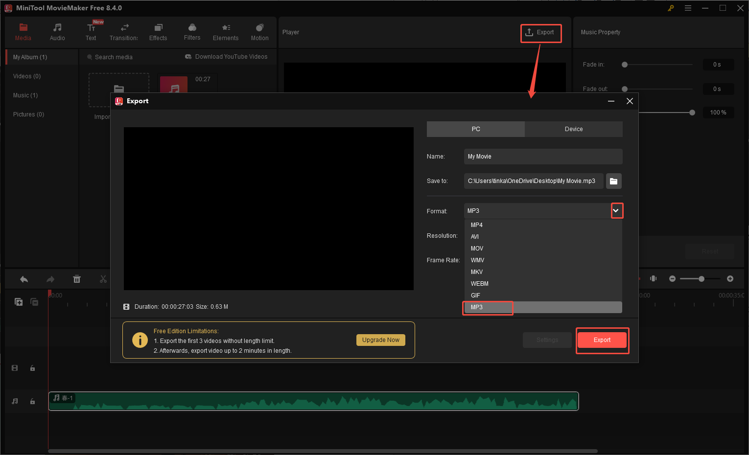 MiniTool MovieMakerからトリミングしたAPEファイルをMP3ファイルとして出力して保存するスクリーンショット