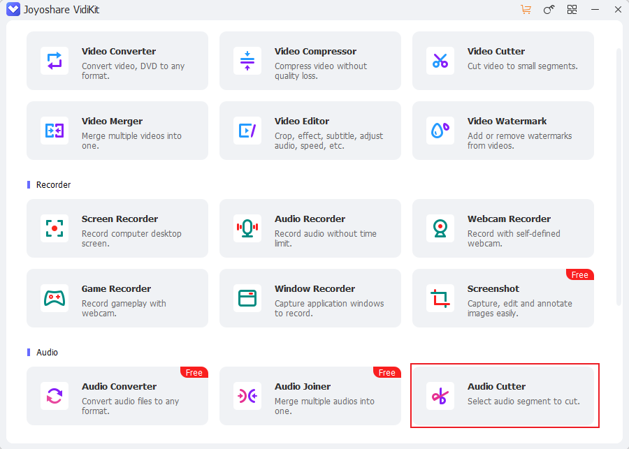 Joyoshare VidiKitで「オーディオカッター」というツールを選択する様子