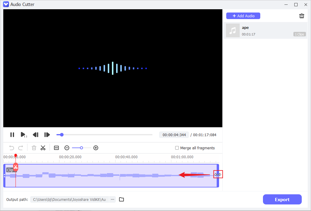 Joyoshare VidiKitでAPEファイルをトリミングするスクリーンショット