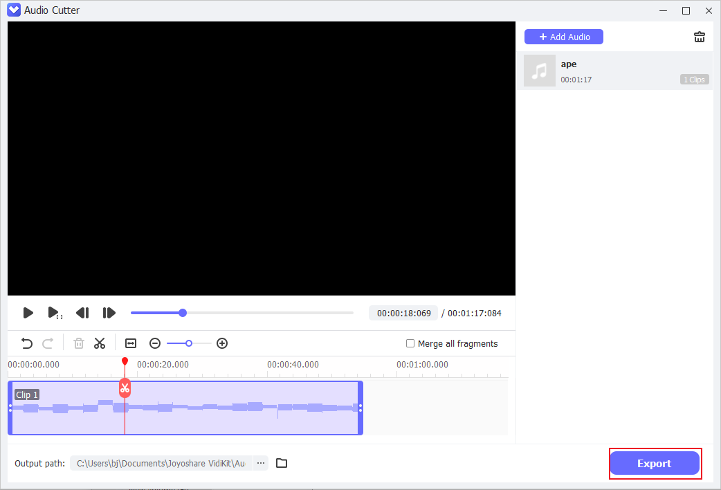 Joyoshare VidiKitからトリミングしたAPEファイルをエクスポートするスクリーンショット