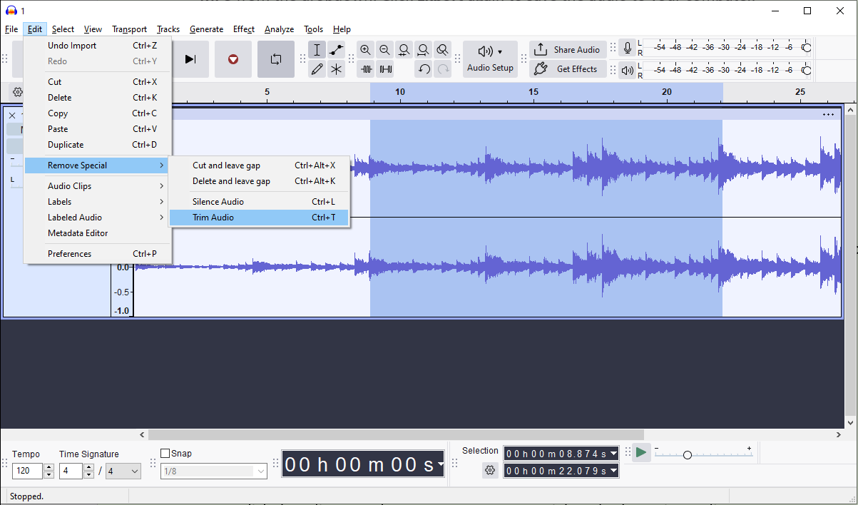 Audacity interface showing how to simultaneously delete unwanted parts of an audio at the beginning and end.