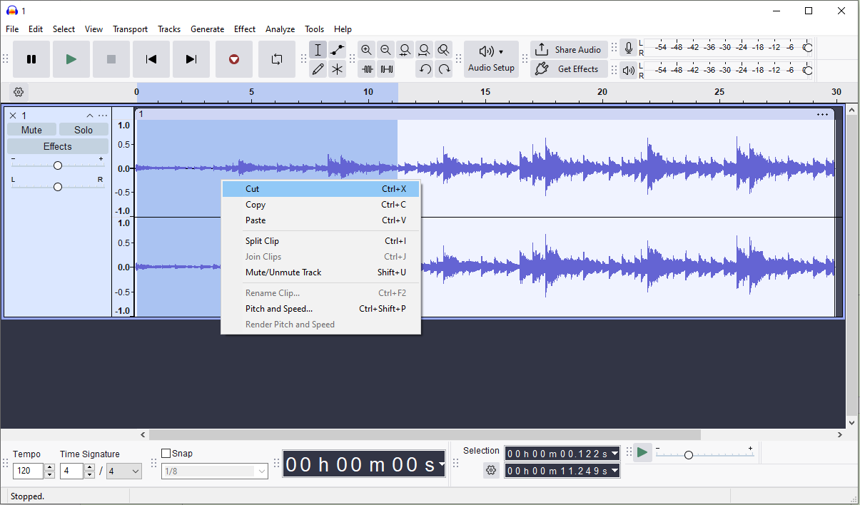 Audacity interface showing how to delete unwanted parts of an audio at the beginning.