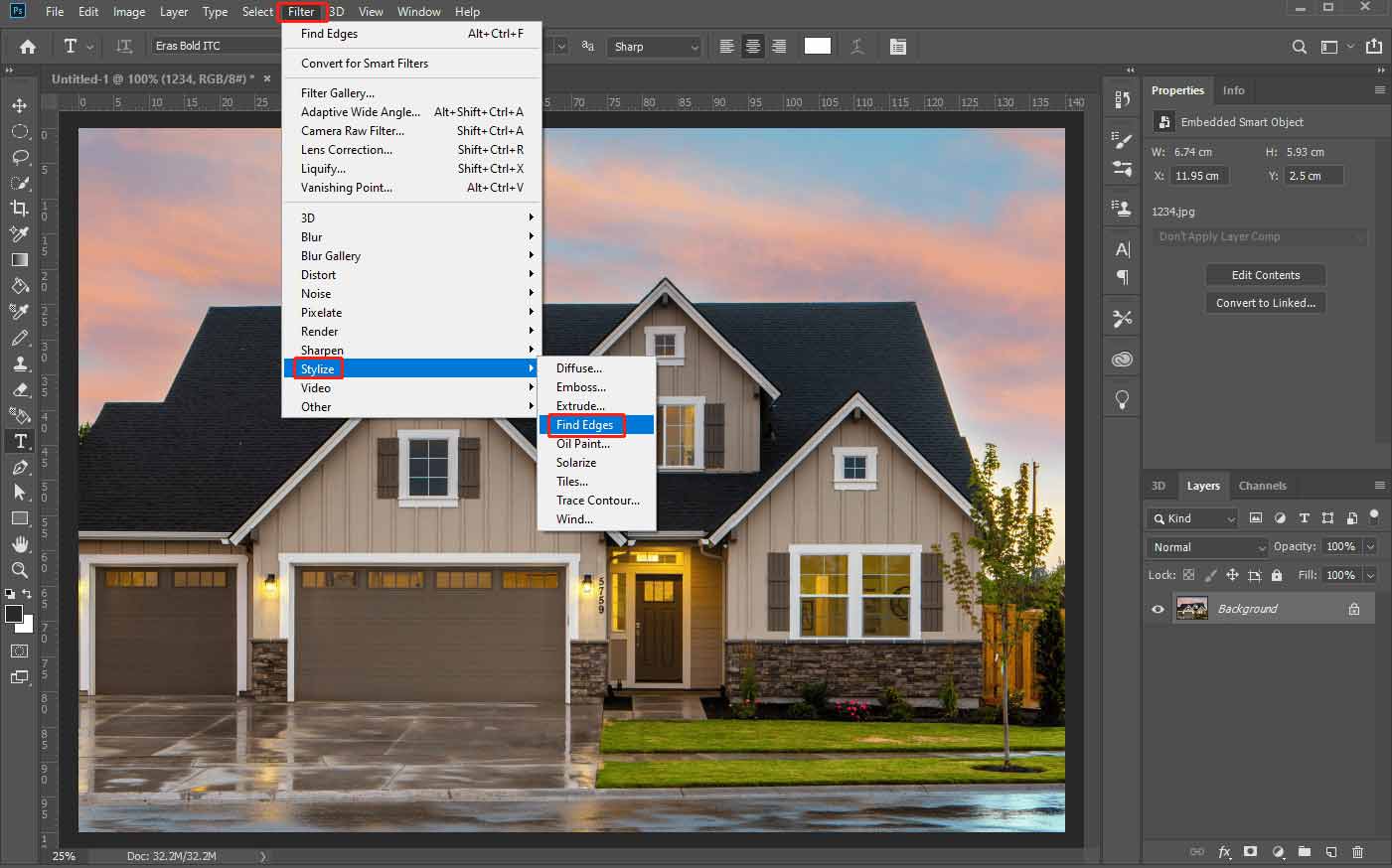 Photoshop interface showing how to add the Find Edges filter to the photo.