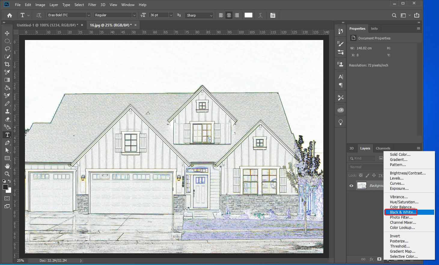 Photoshop interface showing how to add the black and white effect to the photo.