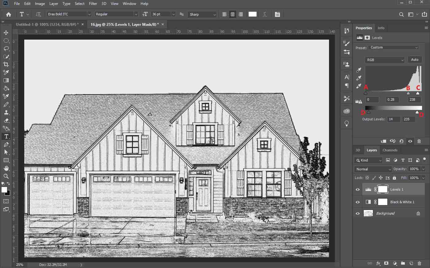 Photoshop interface showing a black and white house image and four letters marked on the RGB section.