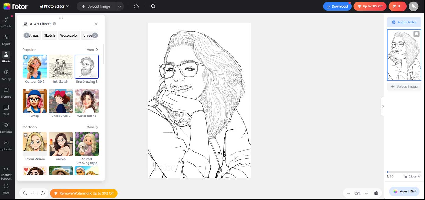 Fotor editing page with the AI Art effects panel expanded on the left and a sketch of a smiling girl in the center.
