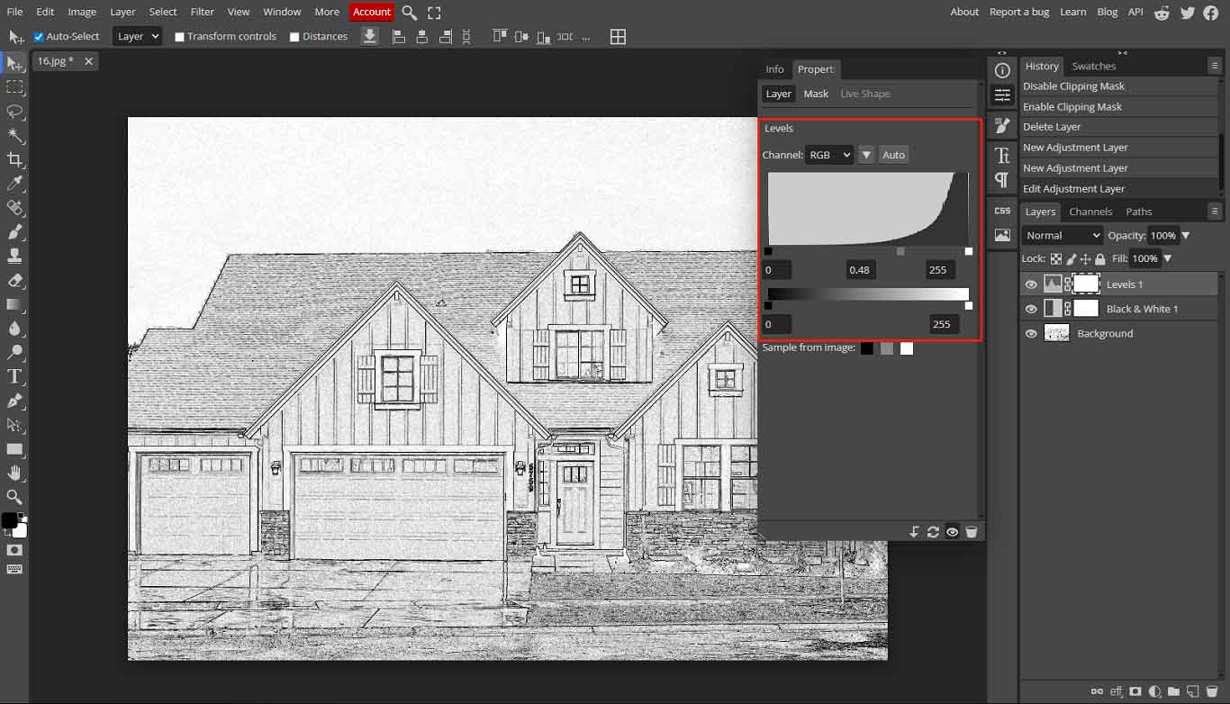 A sketch of a house and the selected Levels adjustment panel on the Photopea interface.
