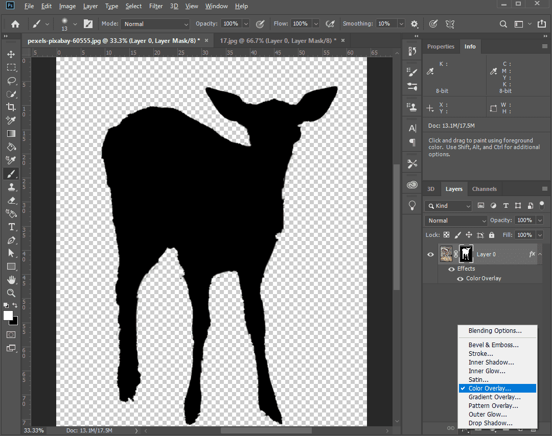Photoshop interface showing how to add a color overlay, along with a deer silhouette.